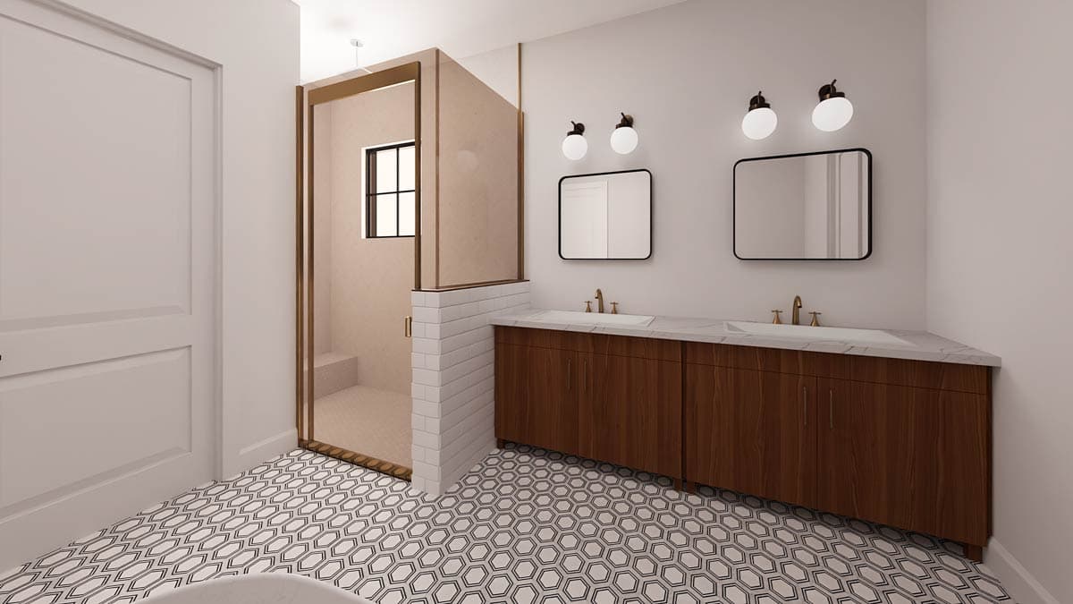 Bathroom featuring a glass shower with a window. Two vanities with mirrors and light fixtures sit opposite the shower, hexagonal tile flooring.