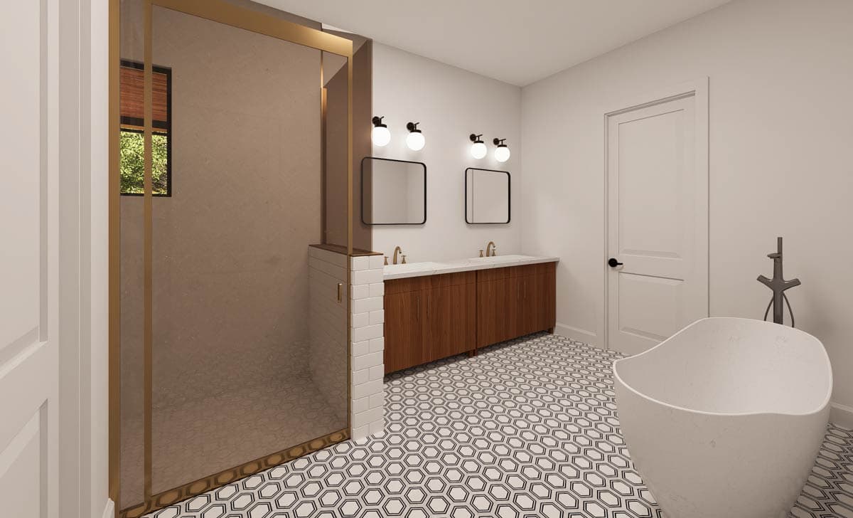 A modern bathroom showcases a glass-enclosed shower, dual sinks with square mirrors, and a freestanding tub against patterned tiles.