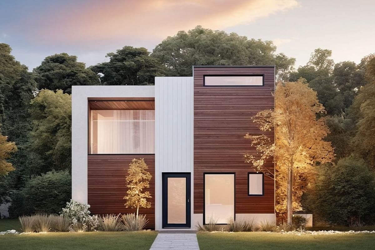 Modern house plan exterior with two stories. Features include a large picture window, wood siding, and a contrasting white vertical element.