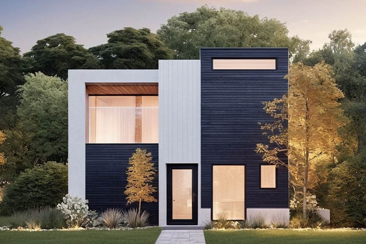 Modern house plan exterior with dark horizontal siding, white vertical siding, and large windows.
