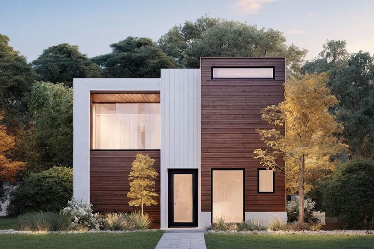 Modern house plan exterior with wood siding, white vertical paneling, a large picture window, and a flat roof.