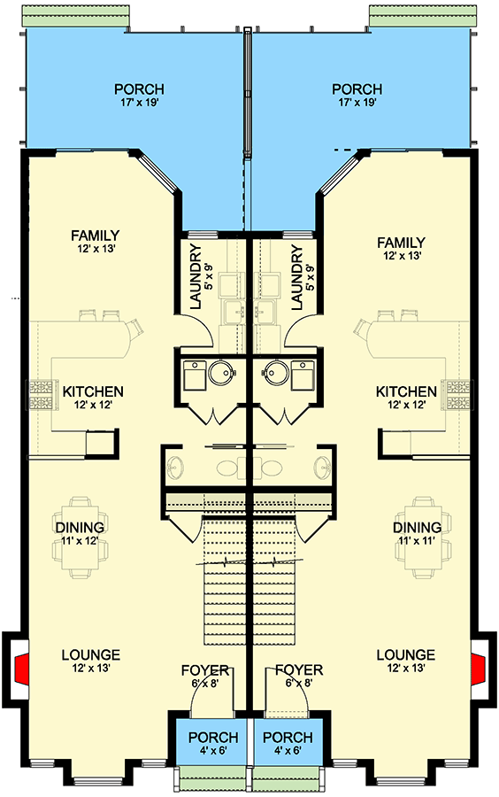 Plan 147034RML: Two-Story Contemporary European Duplex Plan with Rear Covered Porch - 2016 Sq Ft Per Unit - Floor Plan - Main Level - Contemporary, European