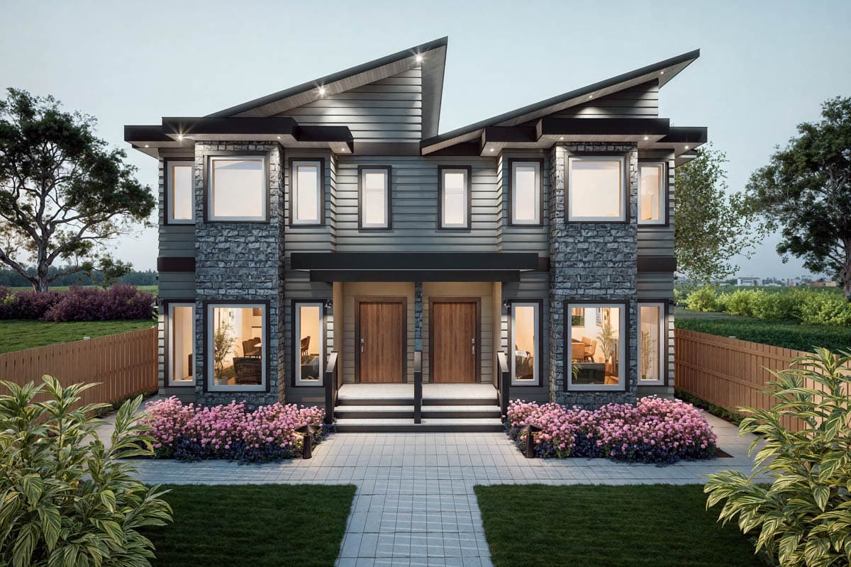 Modern duplex house plan exterior with angled rooflines, stone accents, and dual entryways.