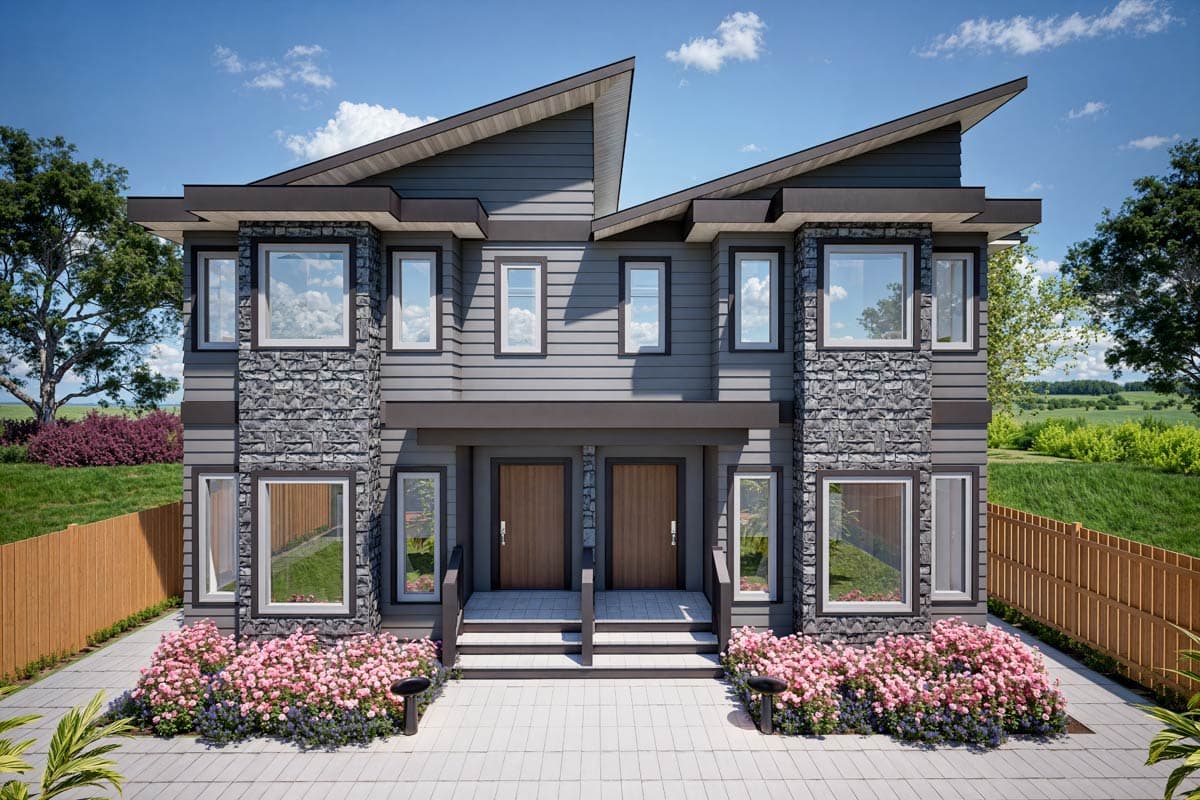 House plan exterior featuring a two-story Modern style with a unique roofline, stone accents, and two entrances with small porches.