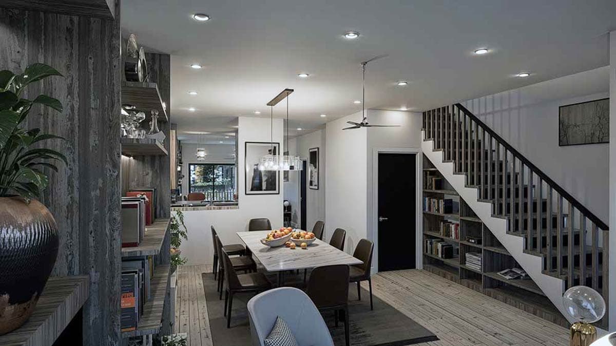 Open concept interior rendering showing dining area with marble table, and staircase with built-in bookshelves.