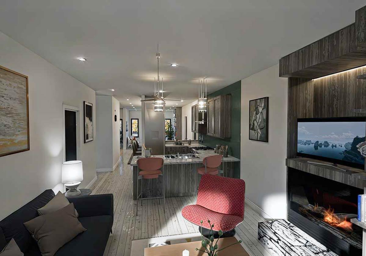 Interior rendering of an open-concept living area, kitchen with island, and fireplace.