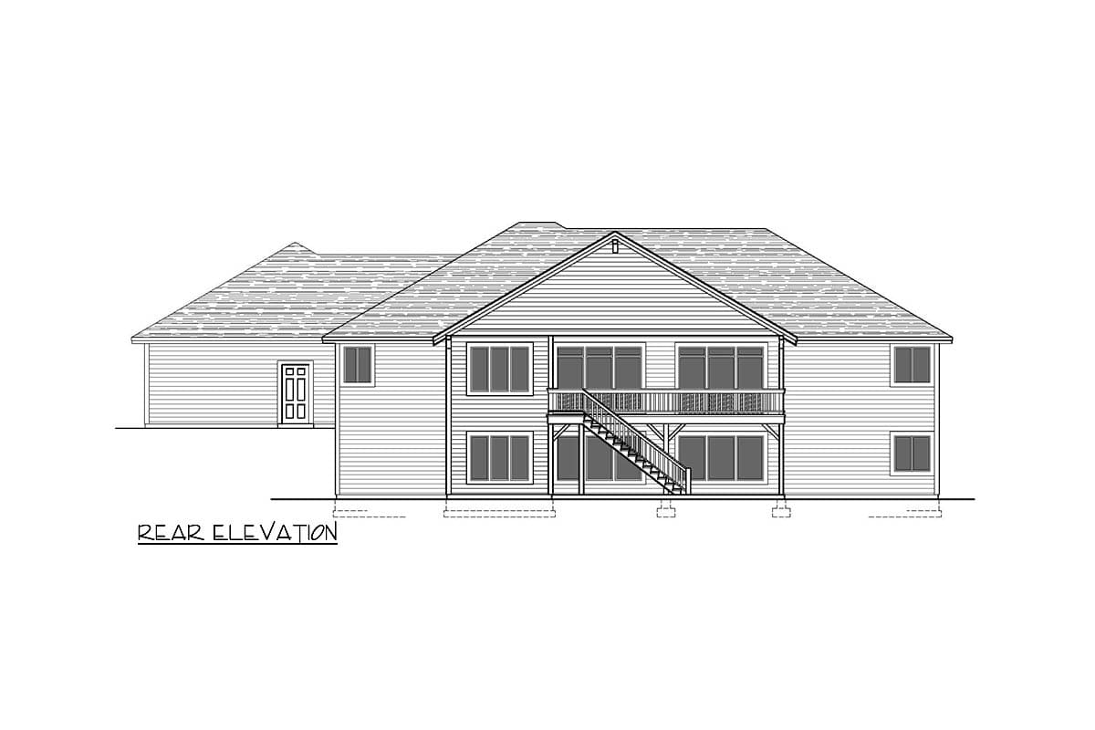 Rear elevation house plan shows a two-story home with a side-entry garage, multiple windows, and a rear deck with stairs.