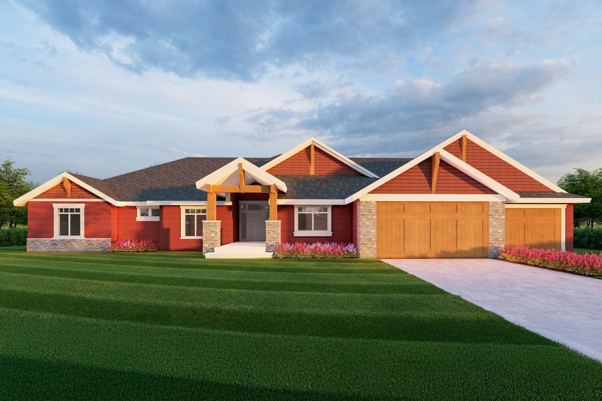 House plan exterior. Craftsman style, one story home with gabled roof, timber-framed porch, and attached garage. Stone accents on the facade.