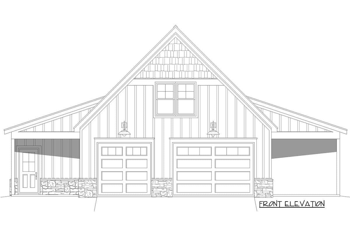 Front elevation drawing of house plan with two garages, gabled dormer, and stone accents.