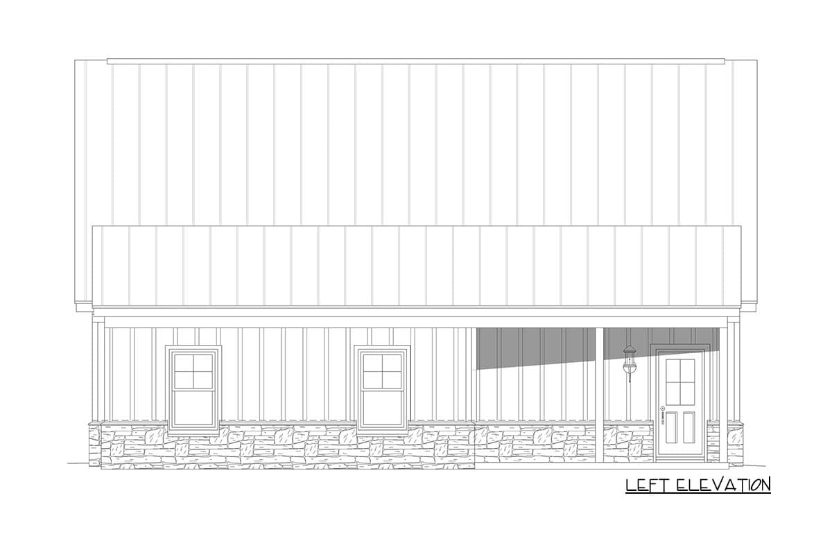 House plan left elevation: Vertical siding, stone base, porch with entrance door and two windows.