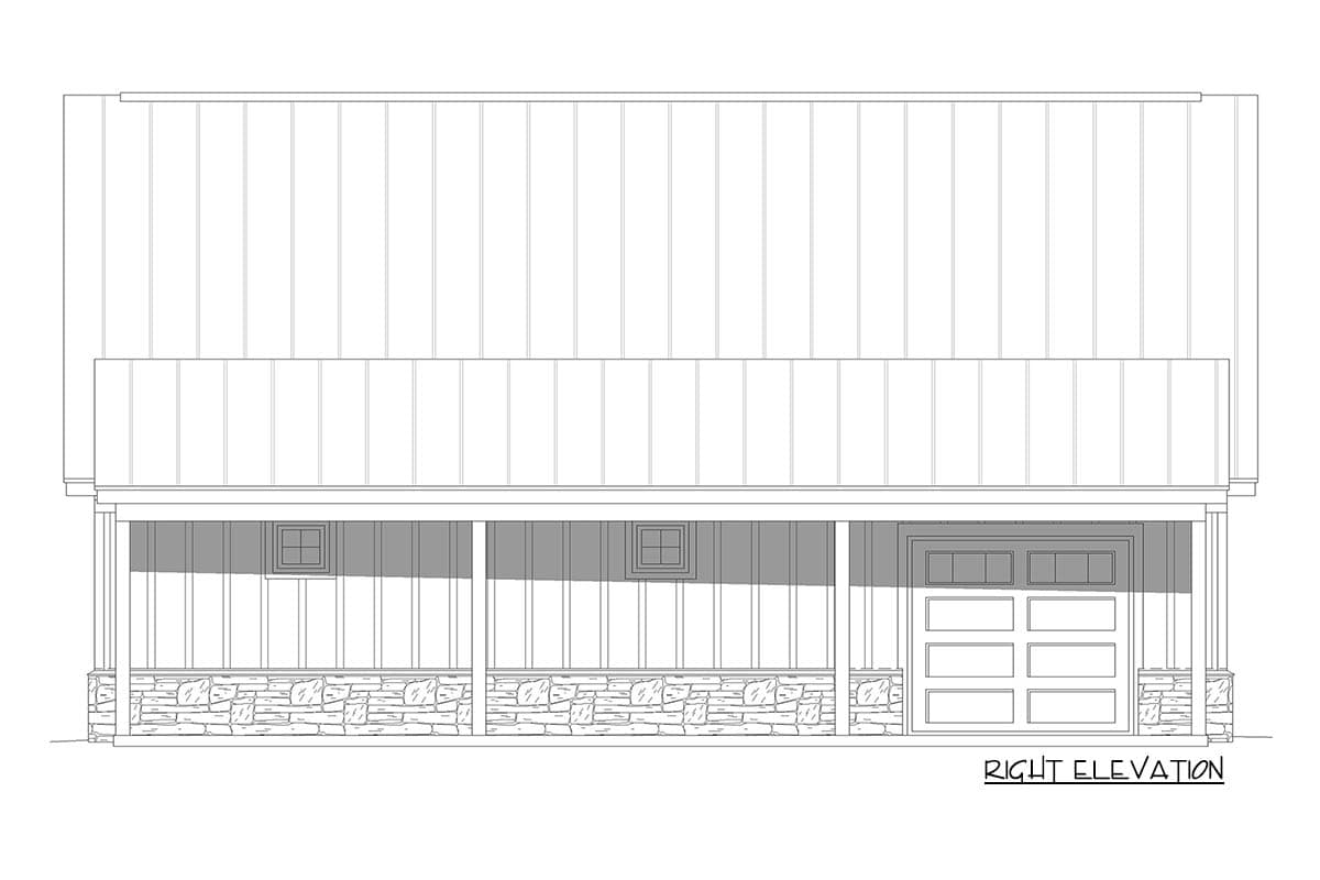 Right elevation house plan: stone base, porch with two windows, and a multi-panel garage door.