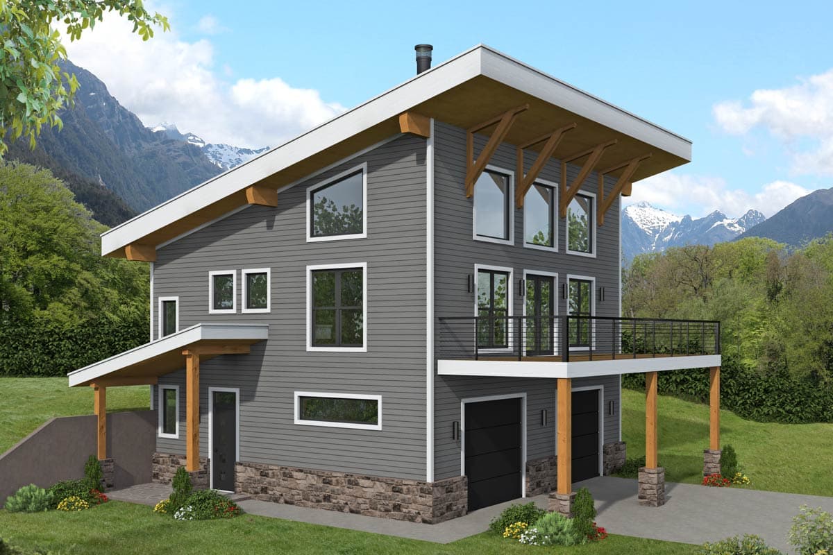 House plan exterior. Two-story modern style with exposed rafter tails, balcony, and a two-car garage. Stone facade on the ground level.