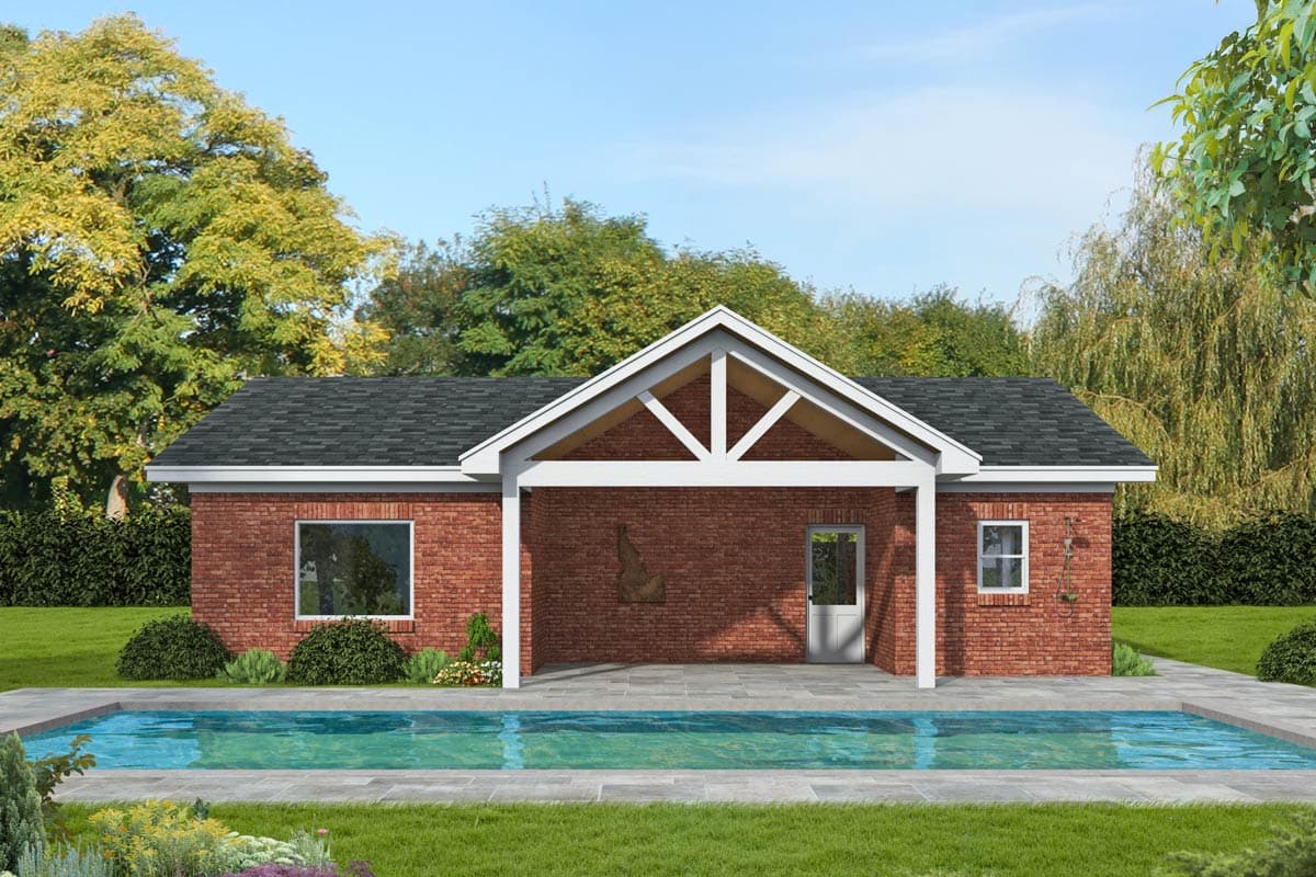 House plan exterior: single-story brick home with covered patio, prominent roof trusses, and swimming pool.
