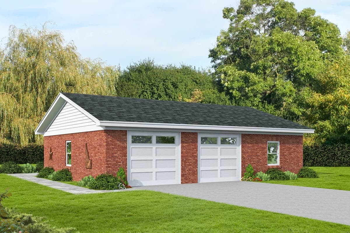 House plan exterior. One-story brick garage with gable roof, two overhead garage doors, and windows with white trim.