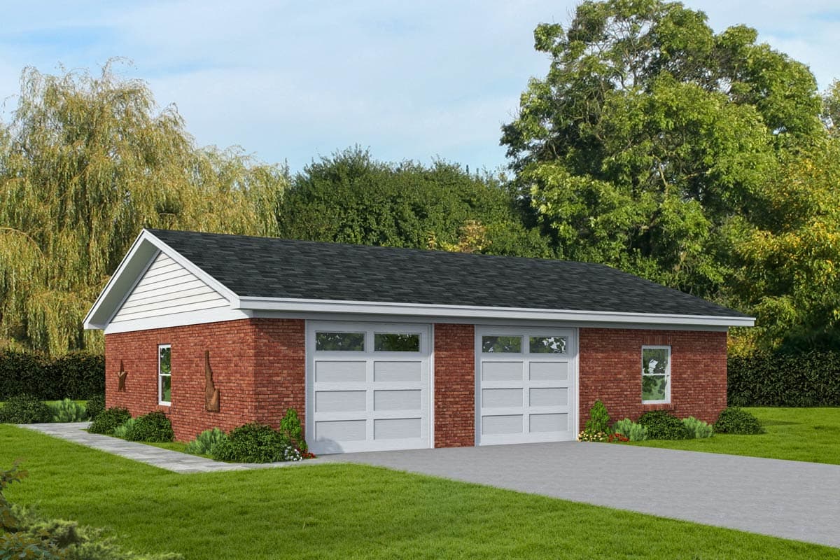 House plan exterior featuring a single-story brick structure with a gable roof and two double-wide garage doors.