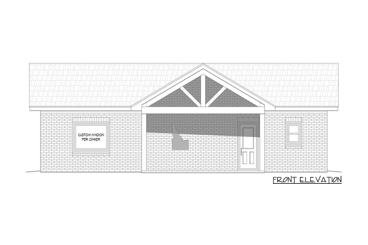 Front elevation drawing of a single-story house with brick exterior, gable roof, covered entryway, and two windows.