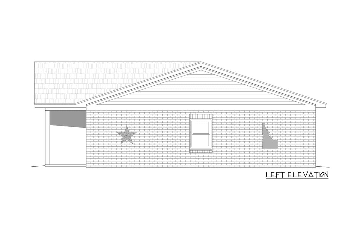 Left elevation drawing of a house plan showing a brick exterior, gabled roof, one window, and garage entrance.