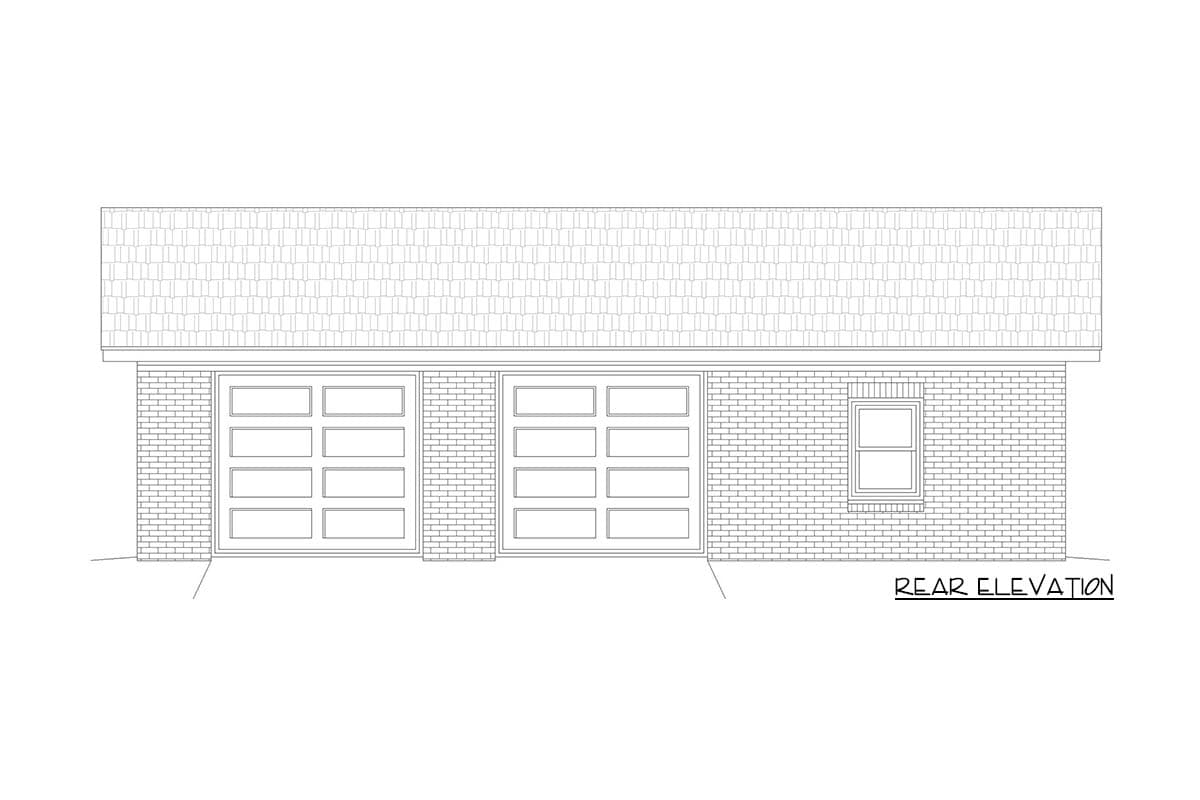 Rear elevation of house plan showing a brick exterior with a double garage and a single garage door, plus one window.