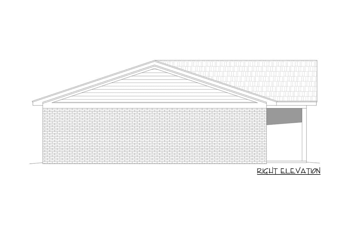 Right elevation drawing of a house plan, showing brick base, horizontal siding gable, and shingled roof.