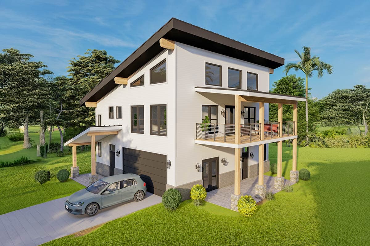 House plan exterior featuring Modern style, two stories, covered porch, multiple gables, and a two-car garage.