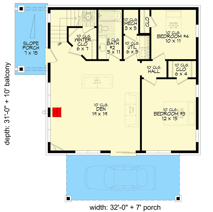 Plan 680558VR: 4-Bed Contemporary Lake House Plan with 2-Story Great Room - 2814 Sq Ft - Floor Plan - Main Level - Contemporary, Mountain
