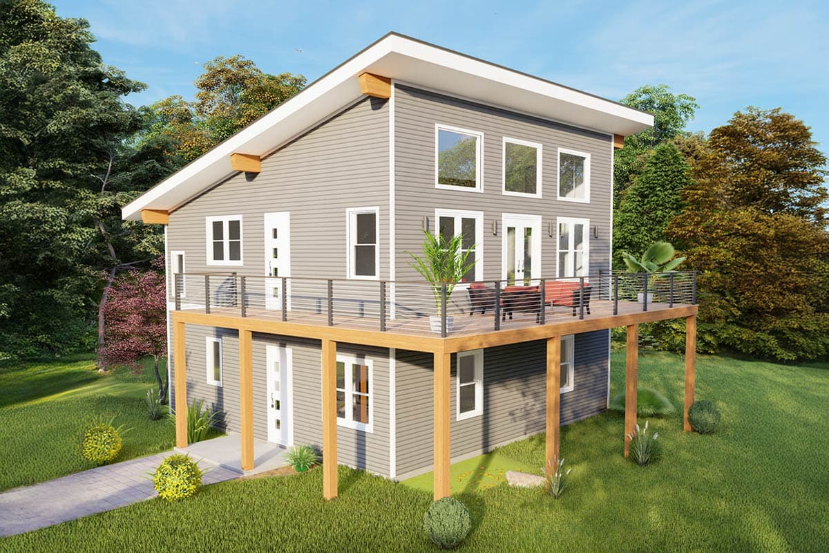 House plan exterior. Two-story modern home with a cantilevered deck, flat roof, and large windows. The house has horizontal siding and exposed beams.