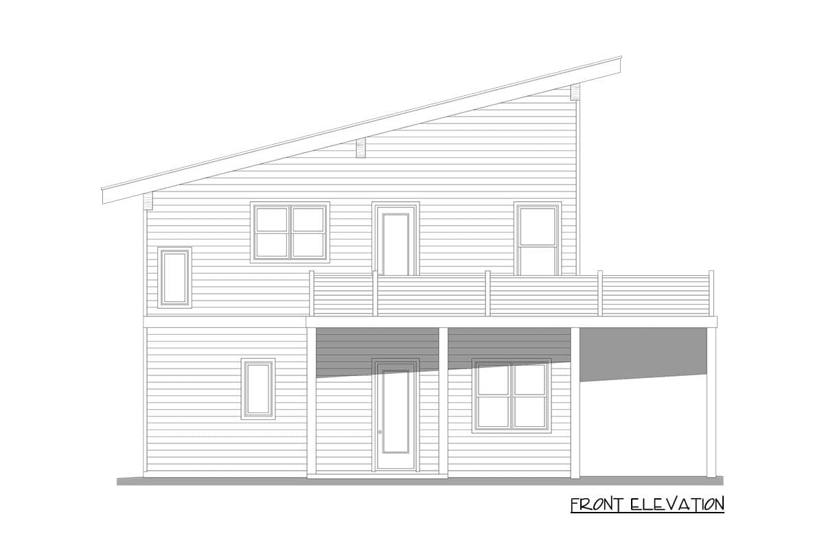 Front elevation drawing of a two-story house with a sloped roof, balcony, and two entry doors.