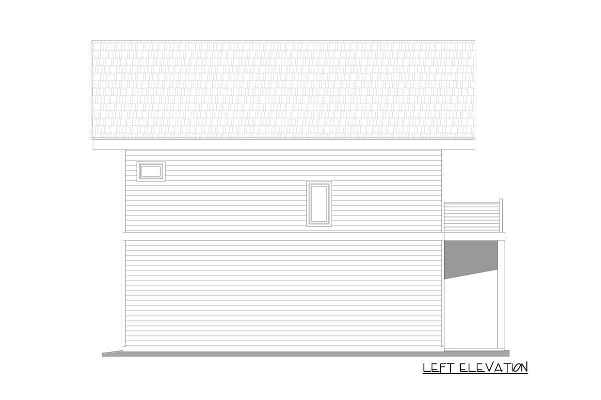 Left elevation drawing of a two-story house plan with horizontal siding, two windows, and a rear deck.