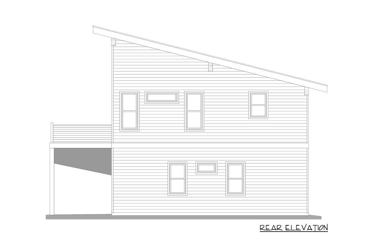 Rear elevation house plan showing a two-story structure with a shed roof, deck, and multiple windows.