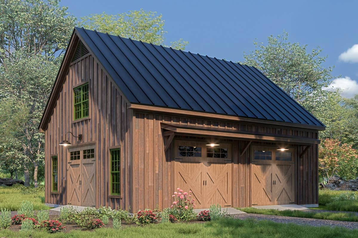House plan exterior. Two-story structure with board-and-batten siding, a gable roof, and two garage doors. Features include a metal roof.