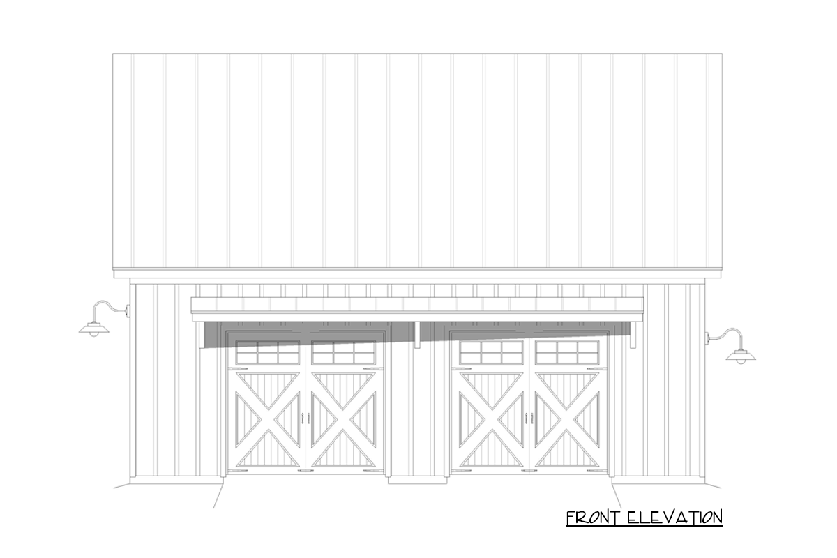 Front elevation drawing of a two-car garage with paneled doors, metal roof, and barn-style wall siding.