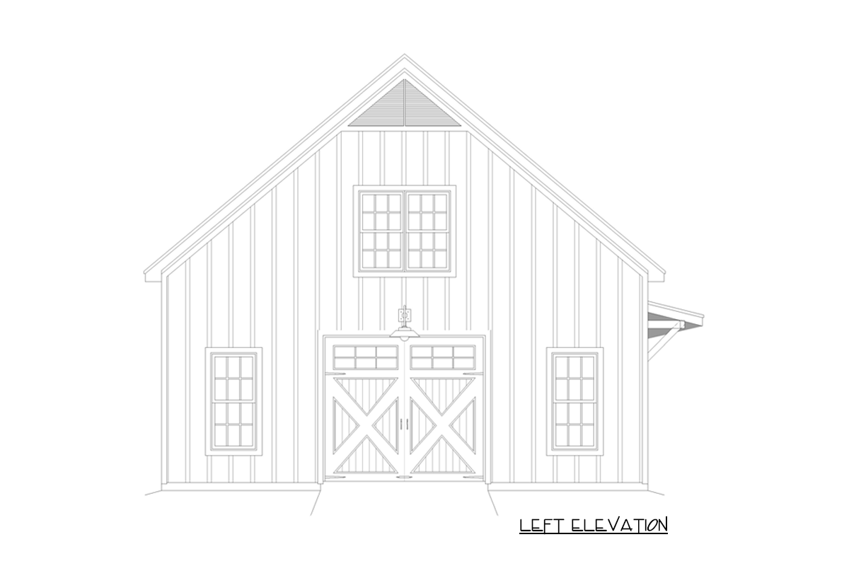 Left elevation drawing of a Modern Farmhouse style building with double barn doors, three windows, and a gable vent.