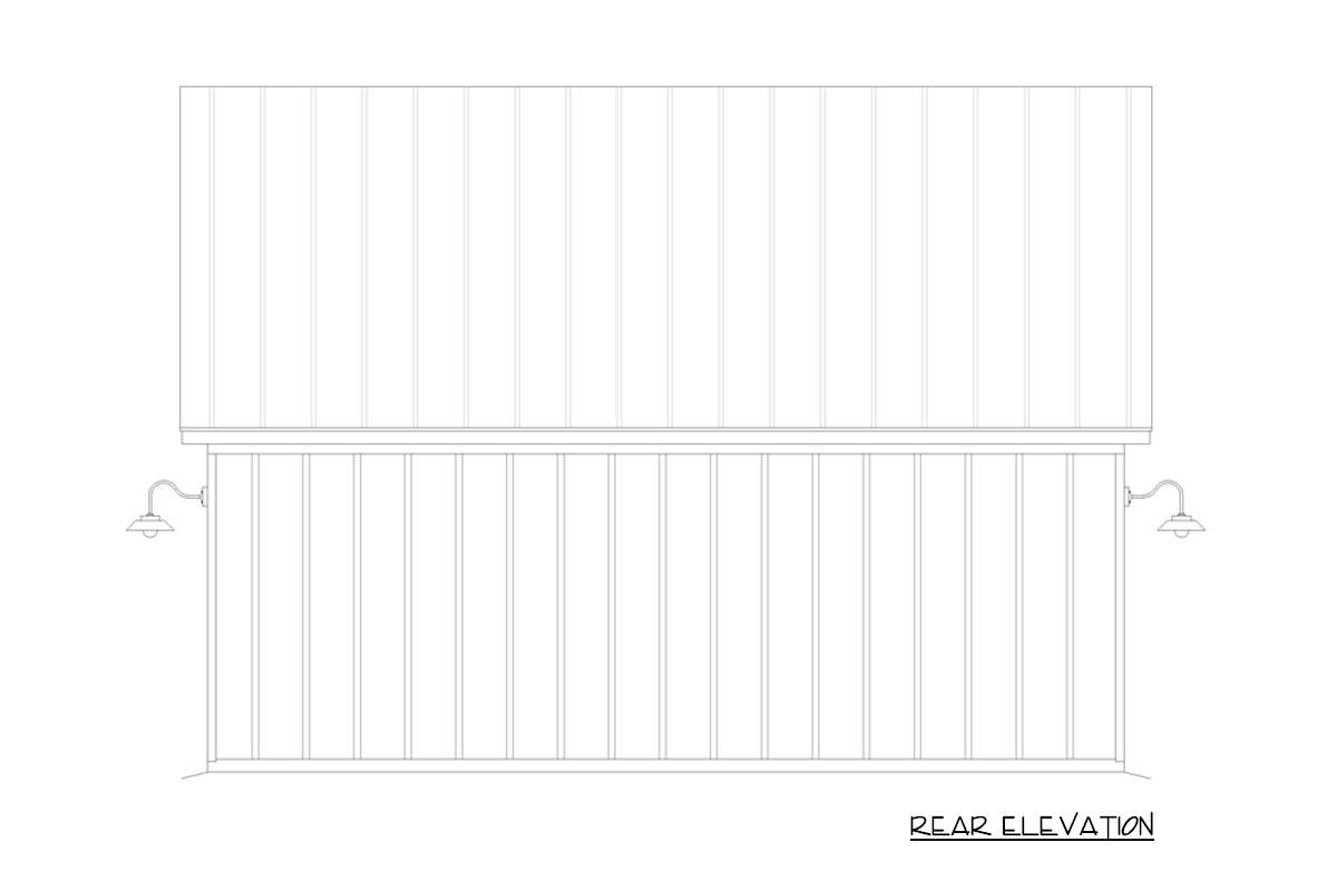 Rear elevation drawing of a house plan featuring vertical siding and two wall-mounted sconces.