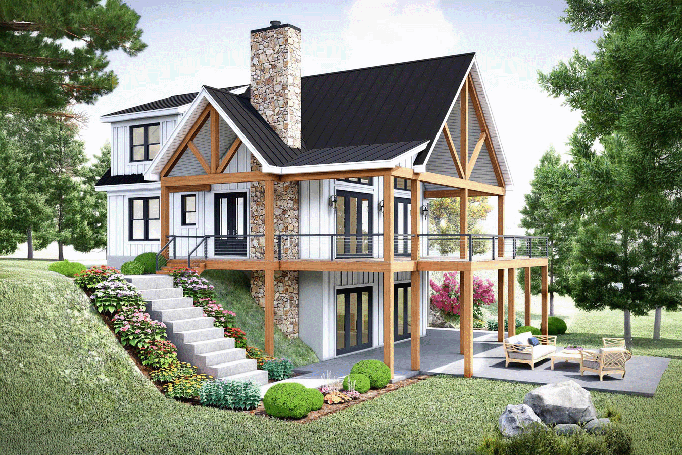 House plan exterior. Two-story Modern Farmhouse with a stone chimney, covered porch, and gabled roofline. Raised foundation with exposed supports.