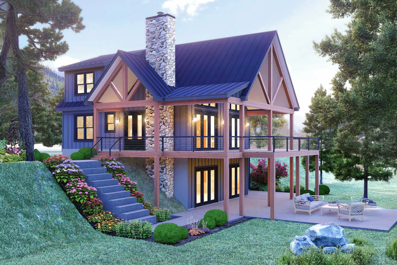 House plan exterior: Modern rustic style, two stories, prominent stone chimney, deep covered decks, and large gables with exposed beams.
