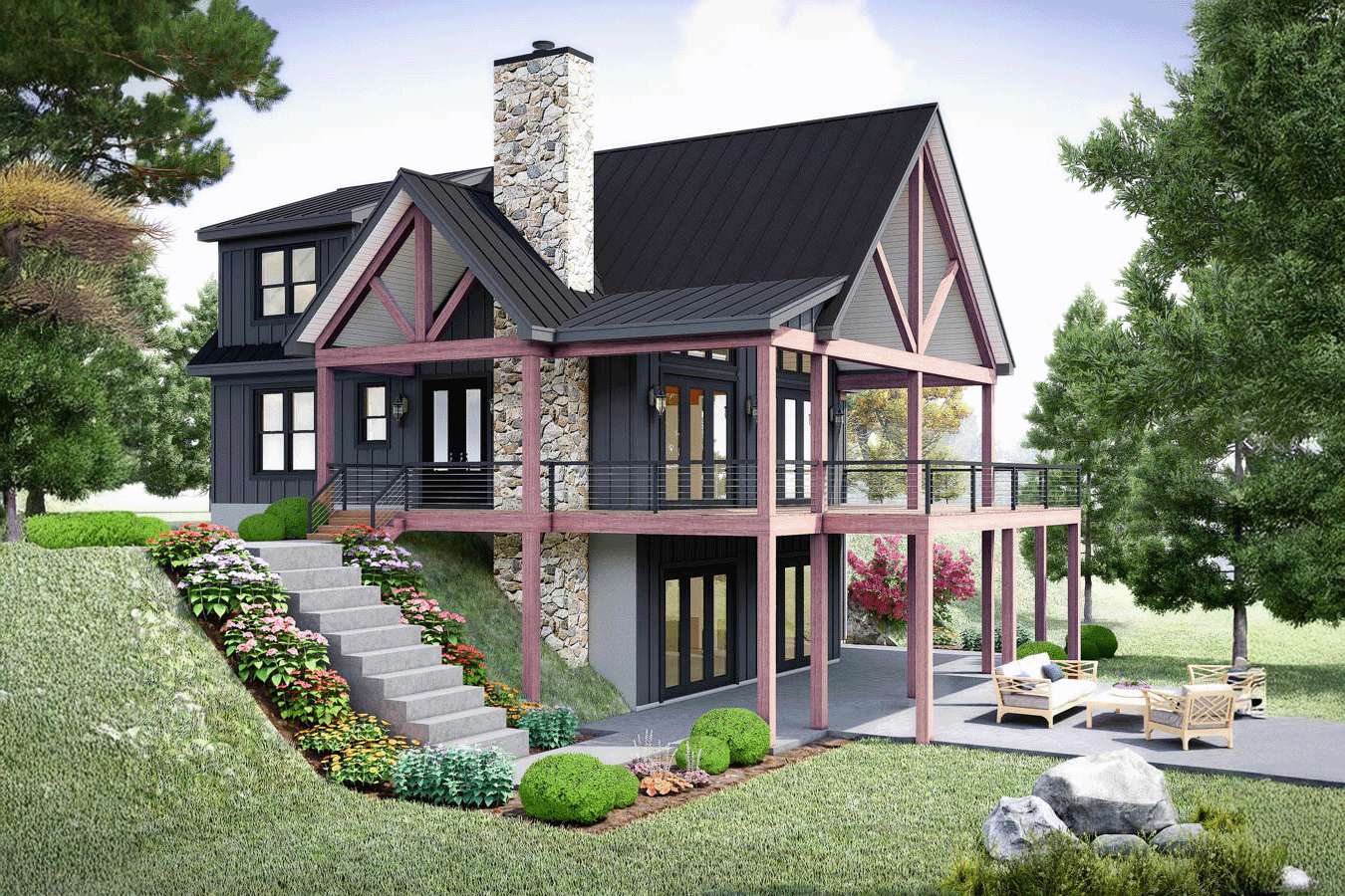 Modern Farmhouse house plan exterior with metal roof, stone chimney, and wraparound deck.