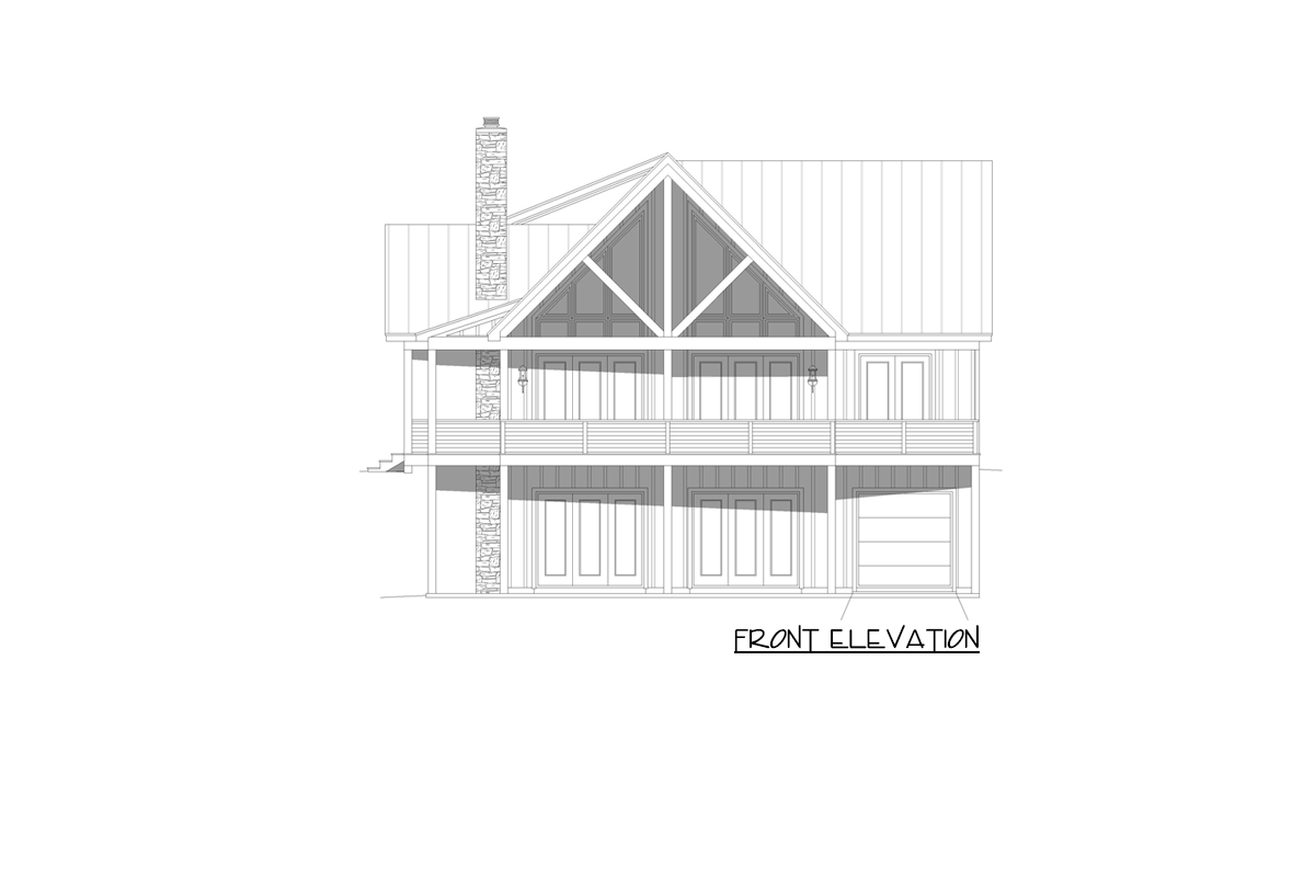 Front elevation drawing of a two-story house with a stone chimney, gabled roof, and dual balconies.