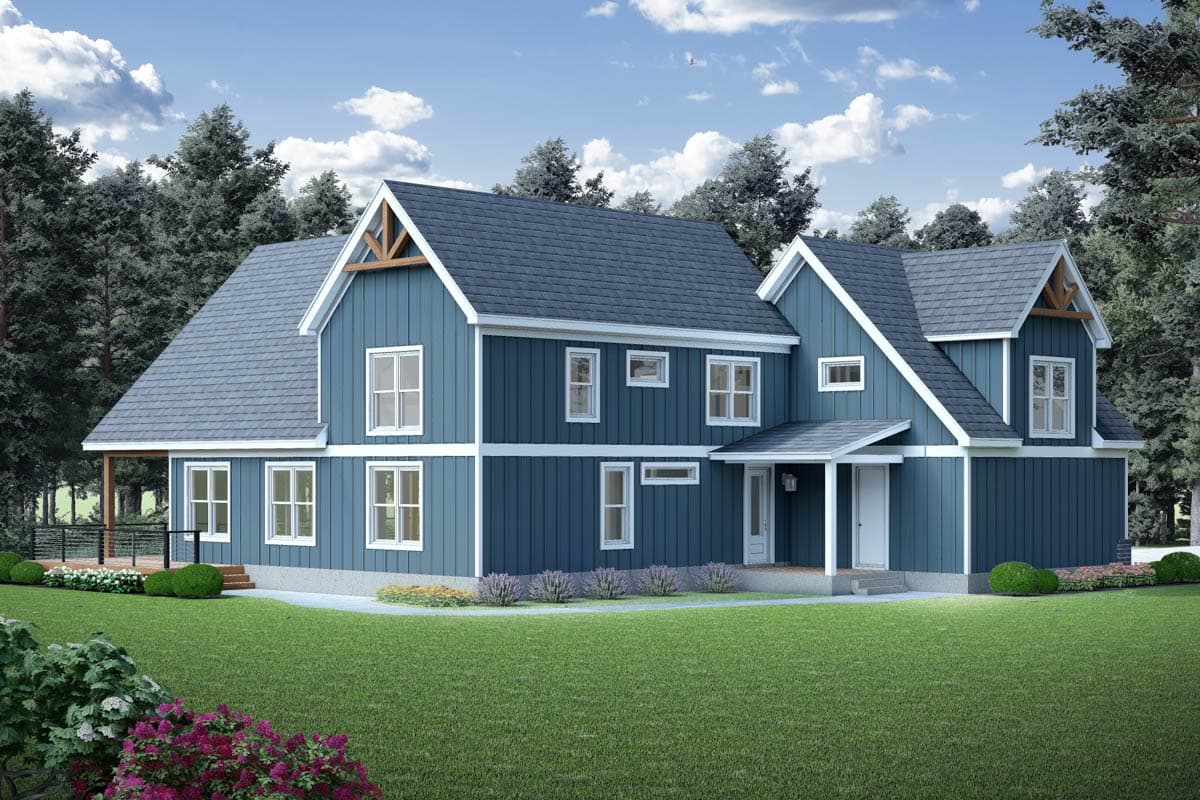 House plan exterior: Two-story Modern Farmhouse with board and batten siding, prominent gables, exposed rafter tails, and covered front entry.