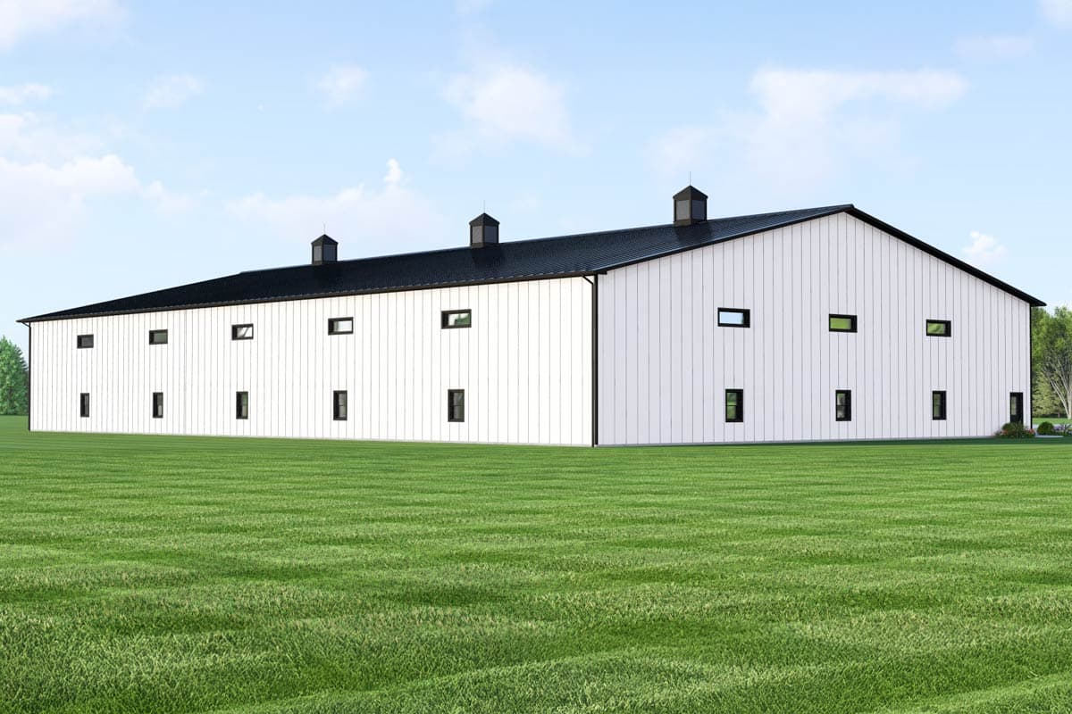 House plan exterior with white vertical siding, black metal roof, and multiple dormers. Shows a long, rectangular structure.