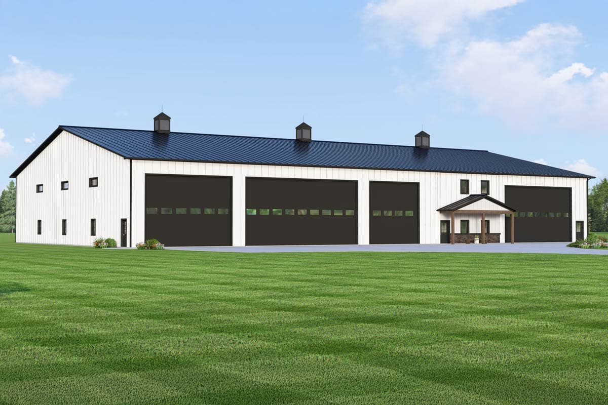 House plan exterior: Wide white building with dark roof, multiple large garage doors, and a covered entry.