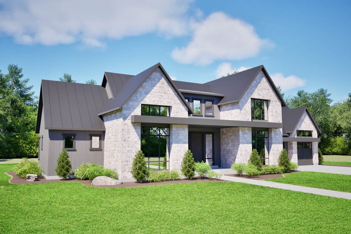 Modern house plan exterior with stone facade, metal roof, prominent gables, covered entry, and attached garage.