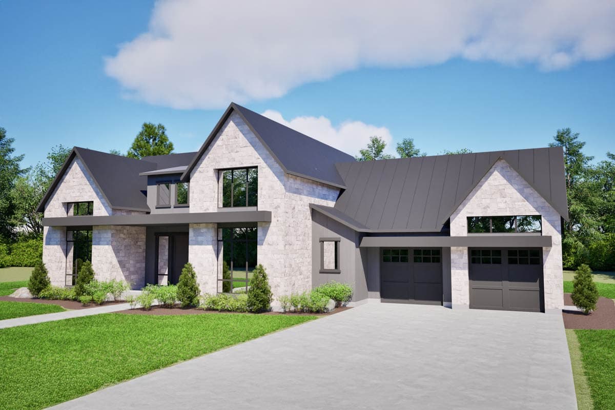 Modern house plan exterior with stone facade, metal roof, prominent gables, and a side-entry garage.