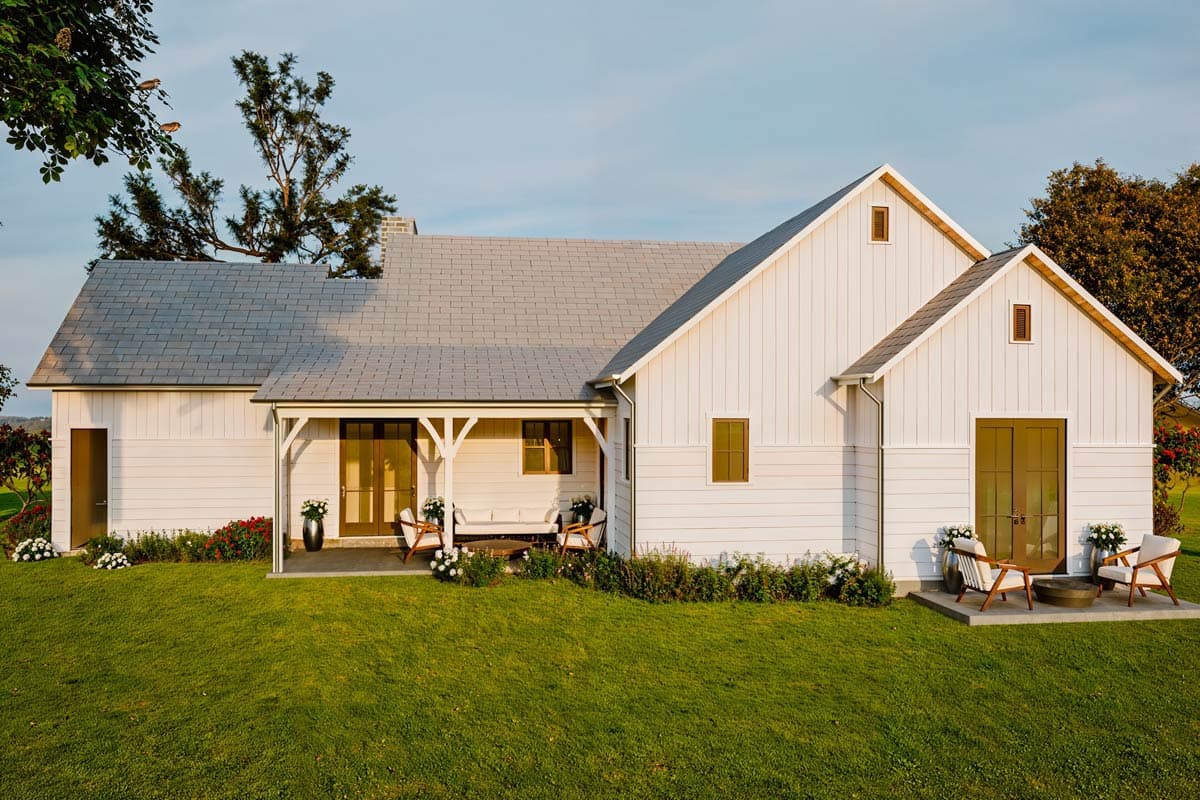 Modern Farmhouse style house plan exterior with covered porch, gables, and board-and-batten siding.