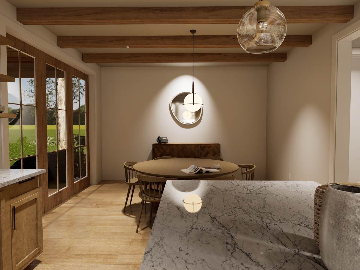 Interior rendering of a dining area with wooden beams, a round table, chairs, and large French doors overlooking a garden.