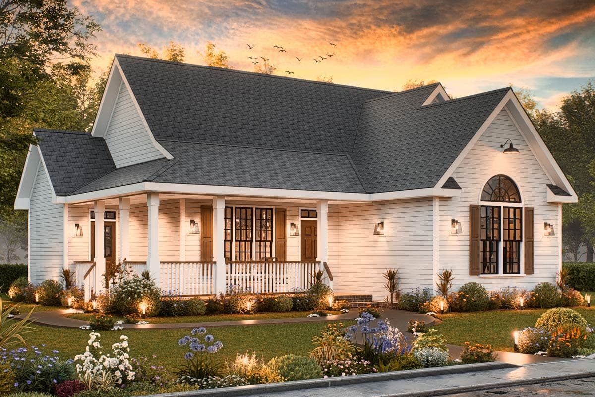 House plan exterior: Modern Farmhouse style, one story, with a wrap-around porch, gables, and an arched window.