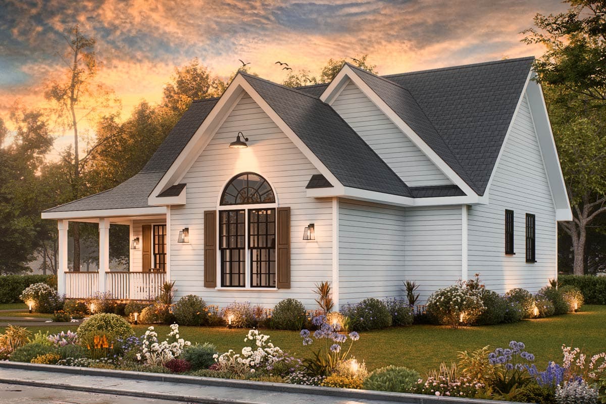 House plan exterior: One-story Modern Farmhouse with gables, arched window, and covered porch.
