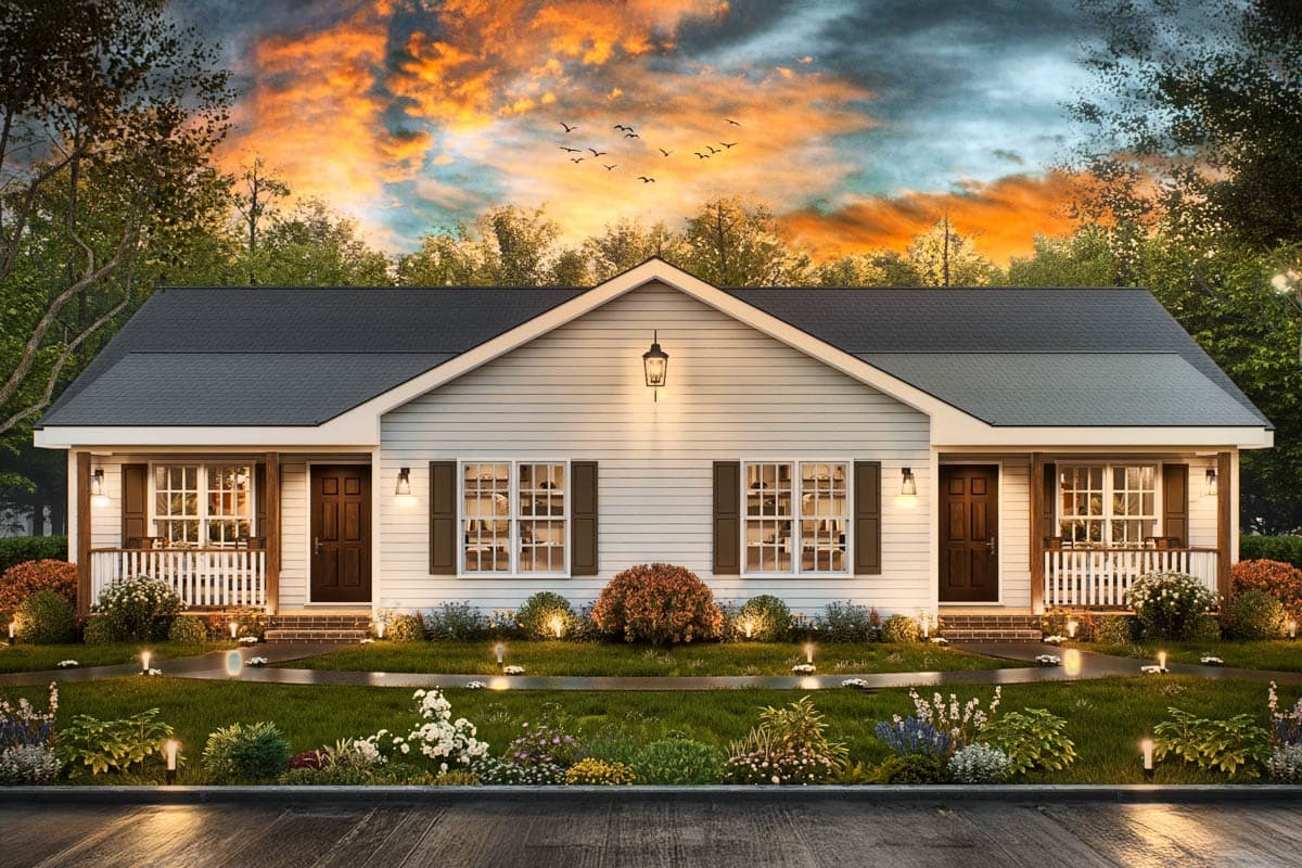 House plan exterior. Two story home with gabled roof, front porches, and symmetrical design with shutters and a central light fixture.