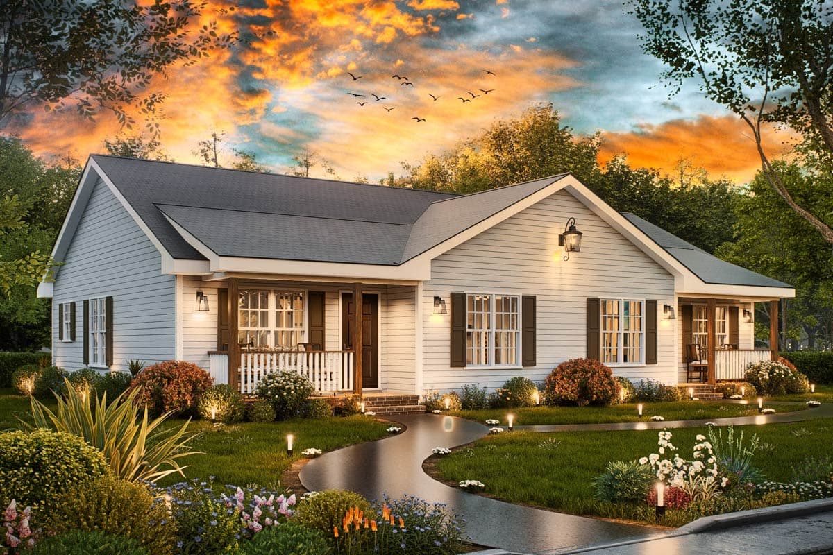 House plan exterior of a one-story ranch home with a covered front porch, gables, and siding.