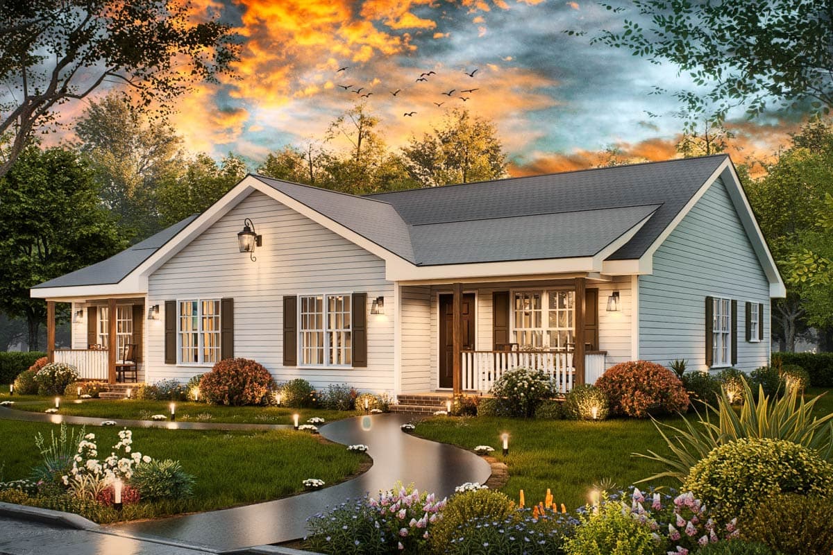 House plan exterior: Ranch style, one story, with a covered front porch, gable rooflines, and horizontal siding.