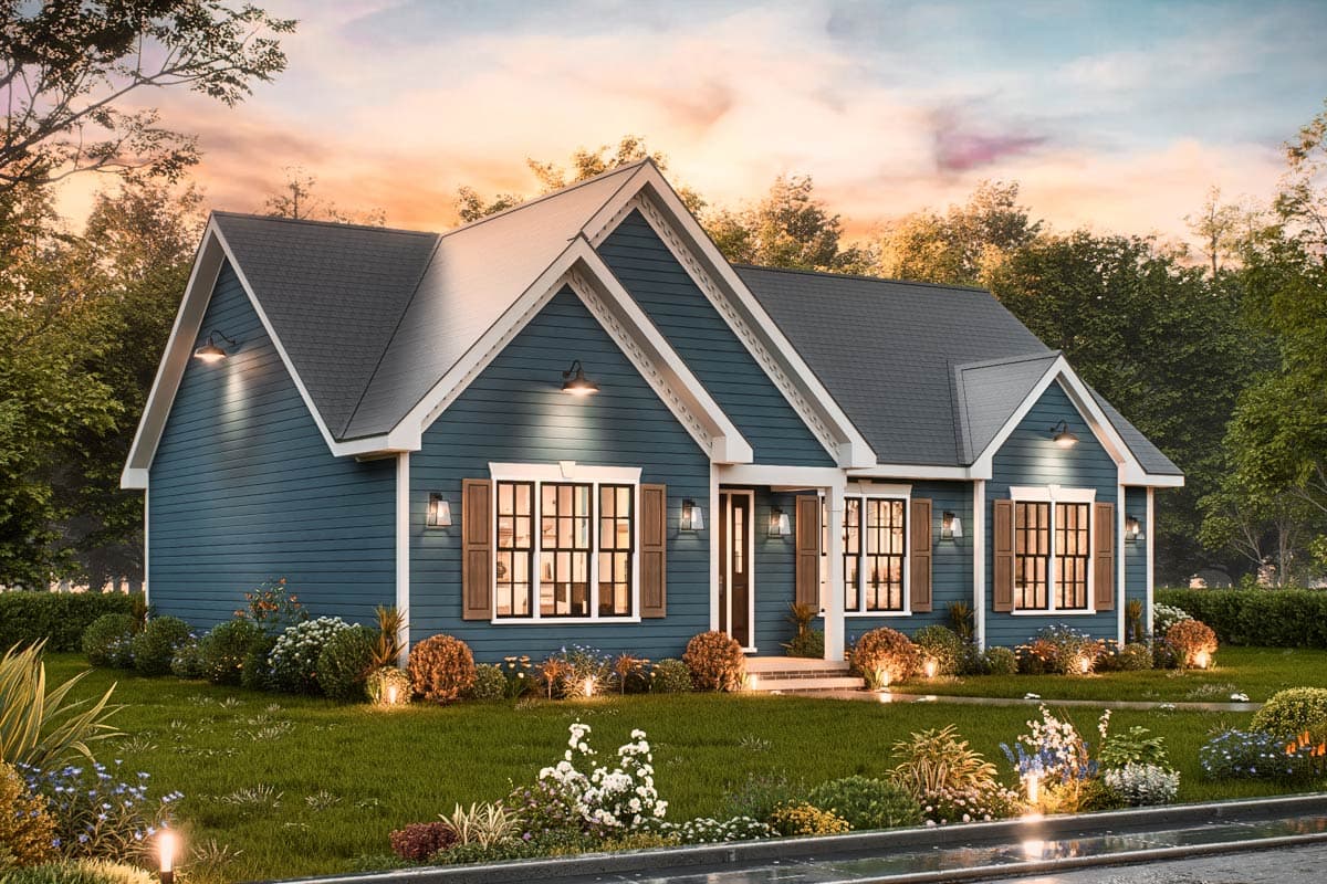House plan exterior: Craftsman style, one story, with gables, dormers, and a covered front entry porch.
